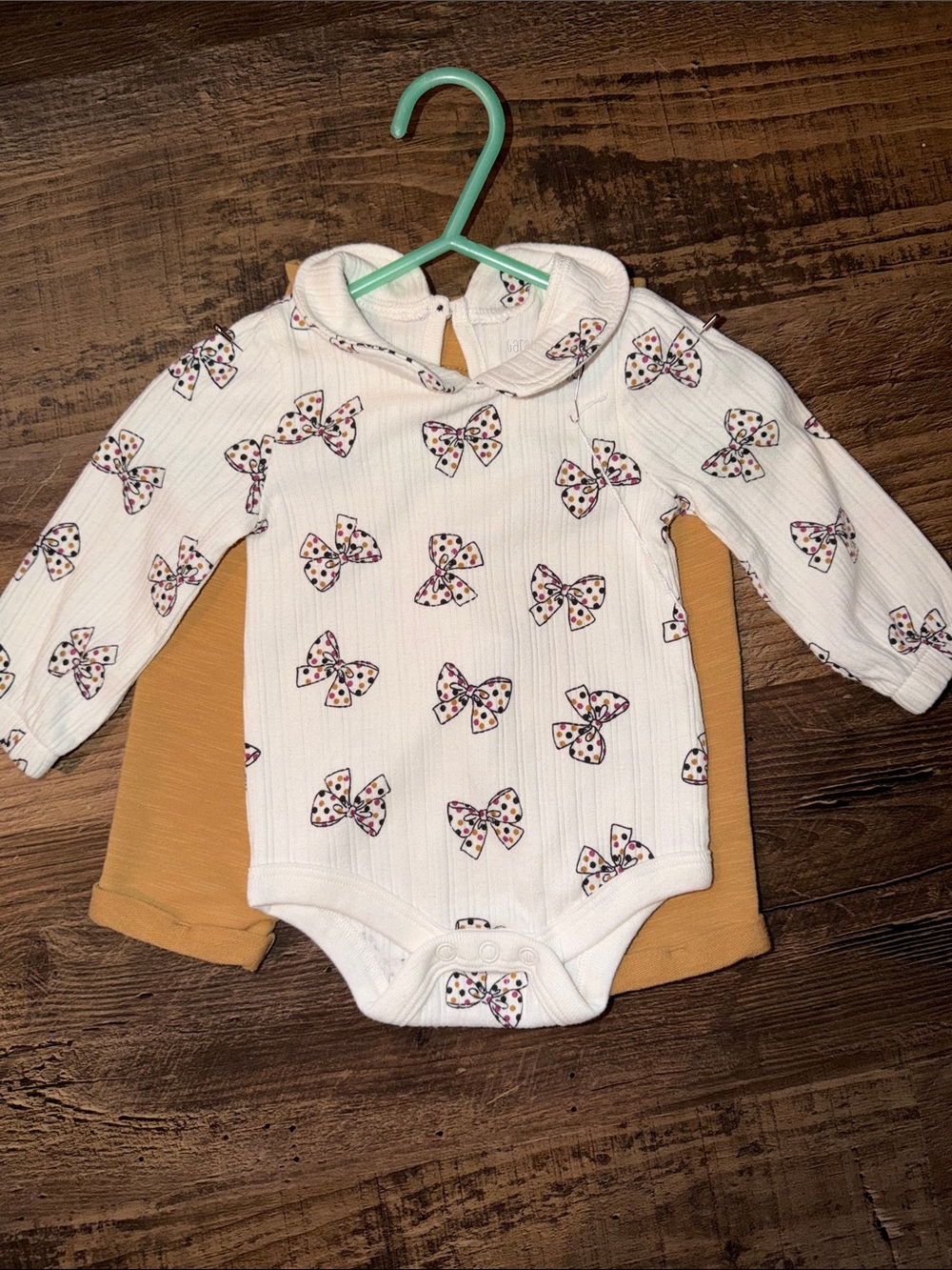 Garanimals White Bow Print Long Sleeve Bodysuit with Mustard Layered Back